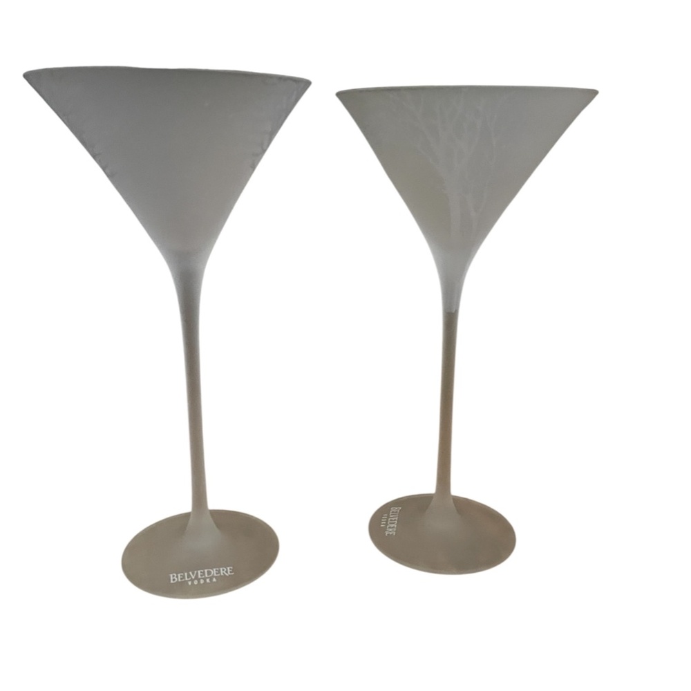 Vintage Belvedere Vodka Long Stem Frosted Tree Martini Glasses Set of 2 - 9"